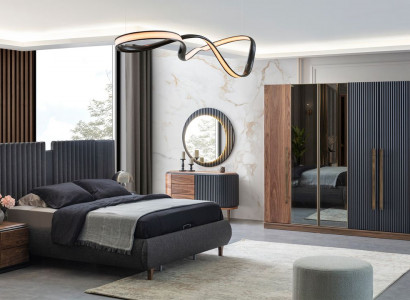 Black-Beige Bedroom Set Designer Double Bed 2x Nightstands